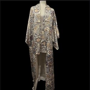 Vintage Japones Long Boho Tile Print Kimono in Blue, Cream & Tan